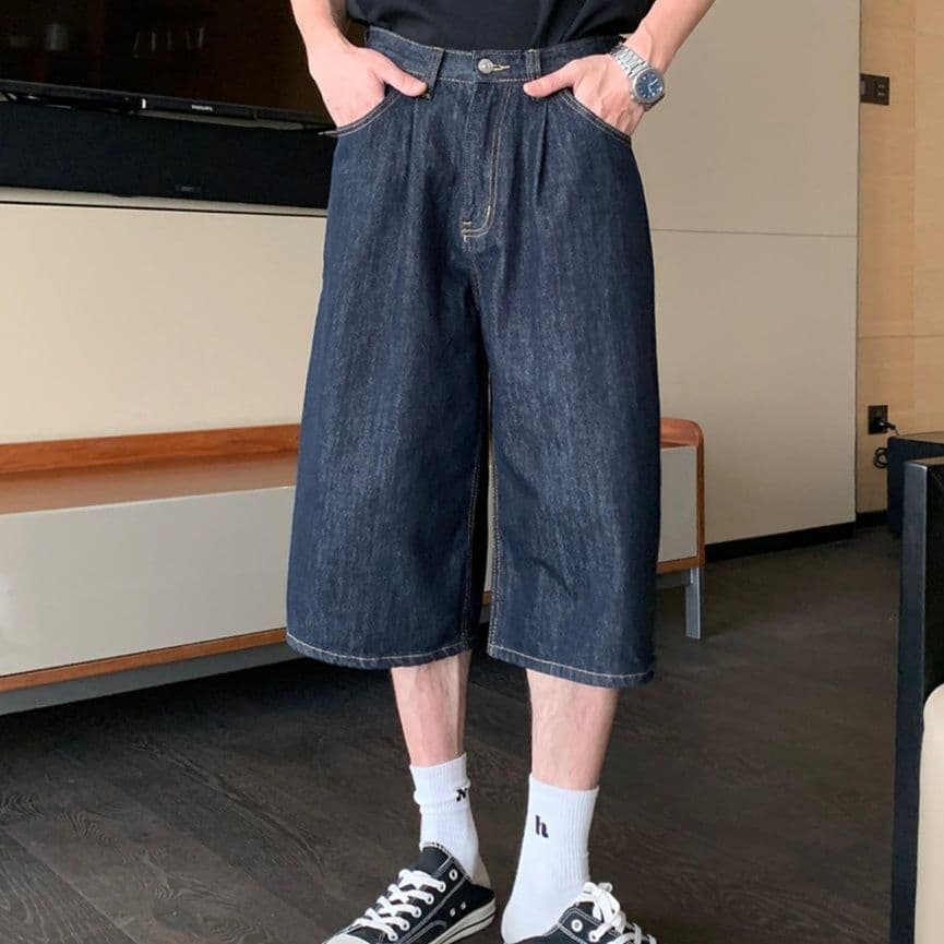 ゆったり半袖デニムシャツ×ワイドハーフパンツ クールカジュアルなメンズ向けデニムセットアップ(上下別売り)