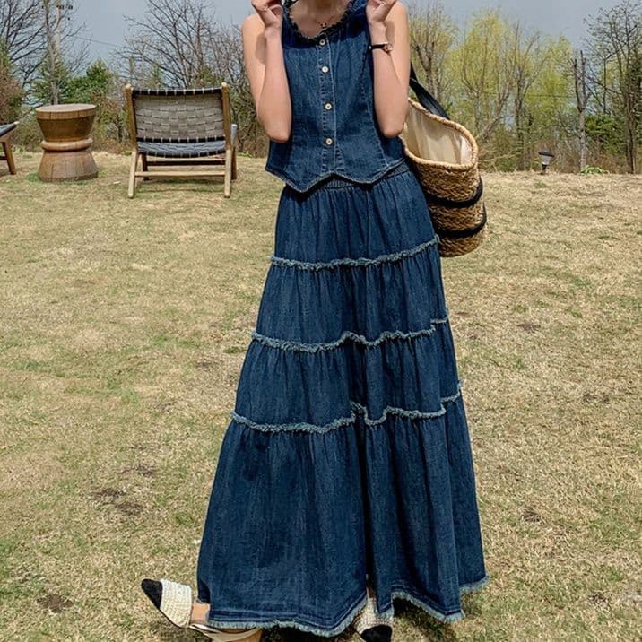 デニムセットアップ デニムベスト&ティアードフレアスカート ゆったり夏映え 大人フェミニン2点セット