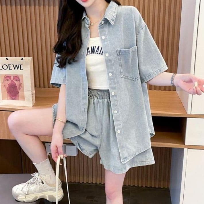デニムセットアップ 半袖デニムシャツ&ショートパンツ 夏のリラックス上下セット