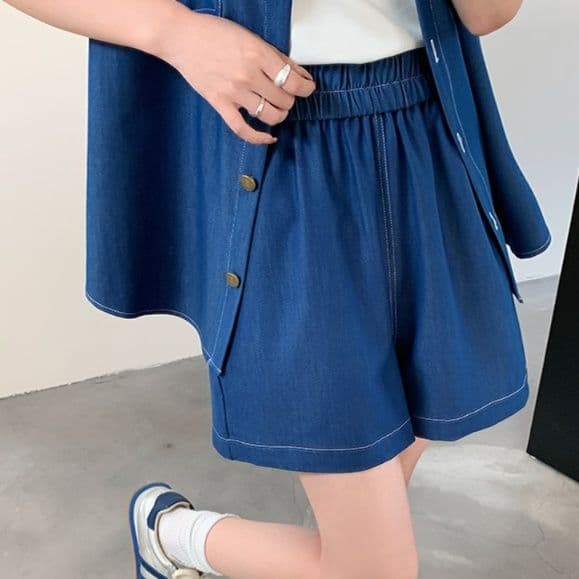 デニムセットアップ ゆったり半袖シャツ&ワイドショートパンツ 上品高見え きれいめカジュアル2点セット