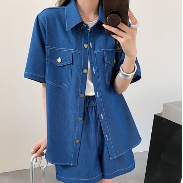デニムセットアップ ゆったり半袖シャツ&ワイドショートパンツ 上品高見え きれいめカジュアル2点セット