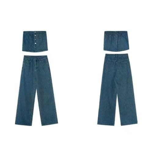 デニムセットアップ ビスチェトップス×ワイドパンツ ヘルシーカジュアル2点セット