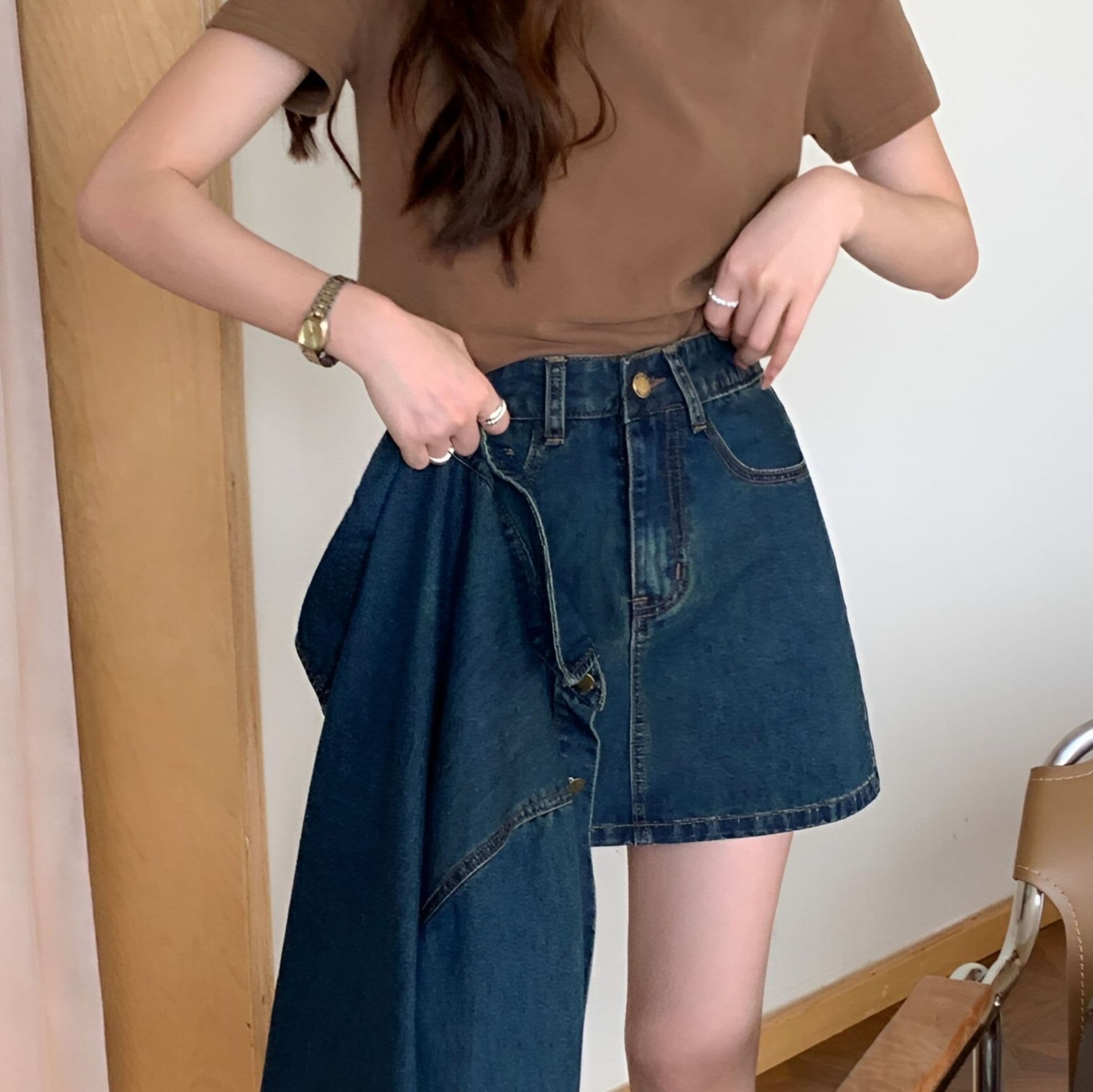 デニムセットアップ ゆったり長袖シャツジャケット&ミニスカート レトロフェミニン 細見え2点セット