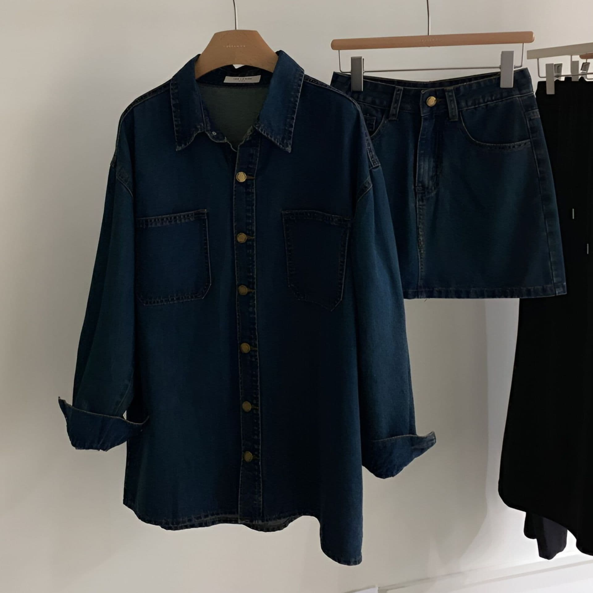 デニムセットアップ ゆったり長袖シャツジャケット&ミニスカート レトロフェミニン 細見え2点セット