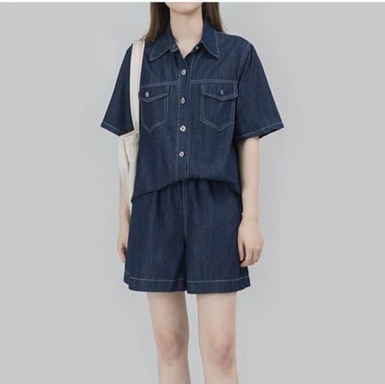 デニムセットアップ ステッチ半袖シャツ&ショートパンツ 大人かわいい万能上下セット