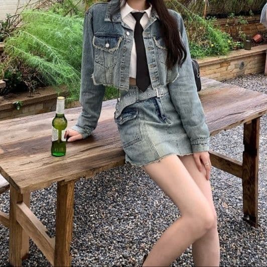 デニムセットアップ ヴィンテージショートジャケット×ハイウエストミニスカート 韓国風ガーリー2点セット
