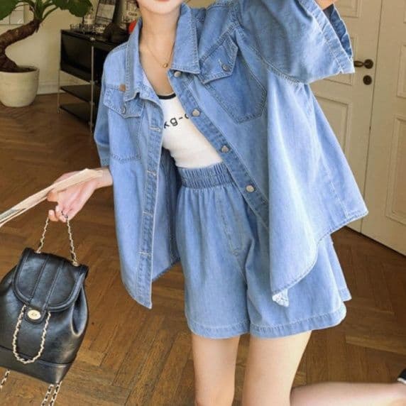 デニムセットアップ シンプル半袖シャツ×ショートパンツ フェミニンカジュアル リラックスコーデセット