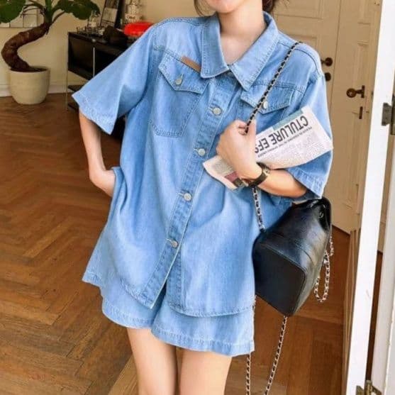 デニムセットアップ シンプル半袖シャツ×ショートパンツ フェミニンカジュアル リラックスコーデセット
