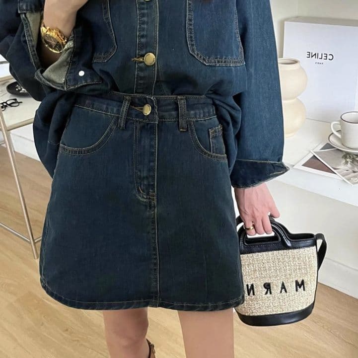 デニムセットアップ ゆったりシャツジャケット&Aラインミニスカート 塩系レトロ 抜け感ツーピースセット