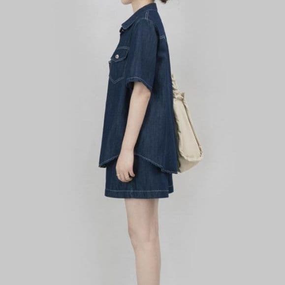 デニムセットアップ ゆったり半袖シャツ×ショートパンツ 夏向け きれいめカジュアル上下セット