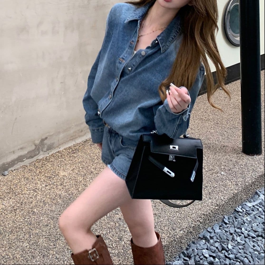 デニムセットアップ ゆったり長袖シャツ×ショートパンツ カジュアル色落ち 抜け感上下セット