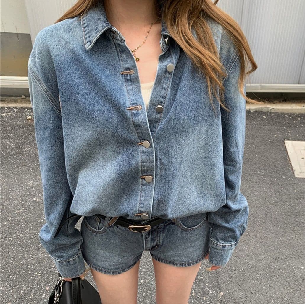 デニムセットアップ ゆったり長袖シャツ×ショートパンツ カジュアル色落ち 抜け感上下セット