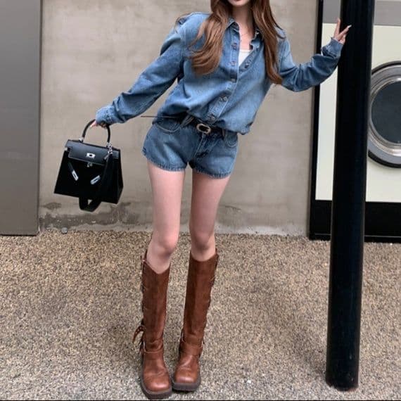 デニムセットアップ ゆったり長袖シャツ×ショートパンツ カジュアル色落ち 抜け感上下セット