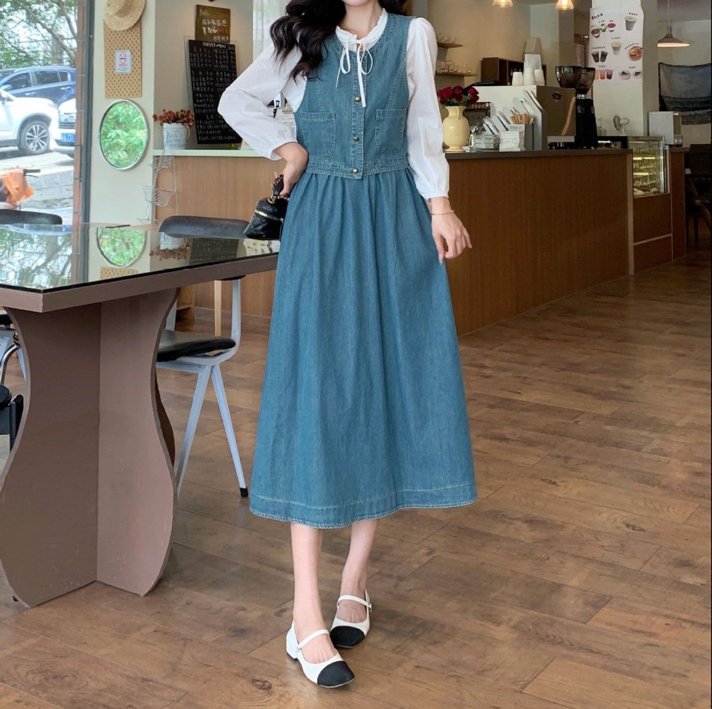 デニムセットアップ クラシカルベスト&白ブラウス&フレアロングスカート 大人可愛い レトロフェミニン3点セット