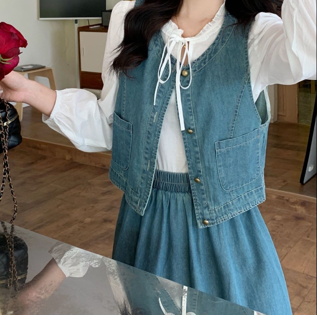 デニムセットアップ クラシカルベスト&白ブラウス&フレアロングスカート 大人可愛い レトロフェミニン3点セット