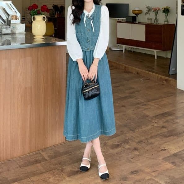 デニムセットアップ クラシカルベスト&白ブラウス&フレアロングスカート 大人可愛い レトロフェミニン3点セット