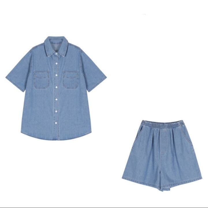 デニムセットアップ ゆったり半袖シャツ+ショートパンツ シンプル万能 夏のゆるかわ上下セット
