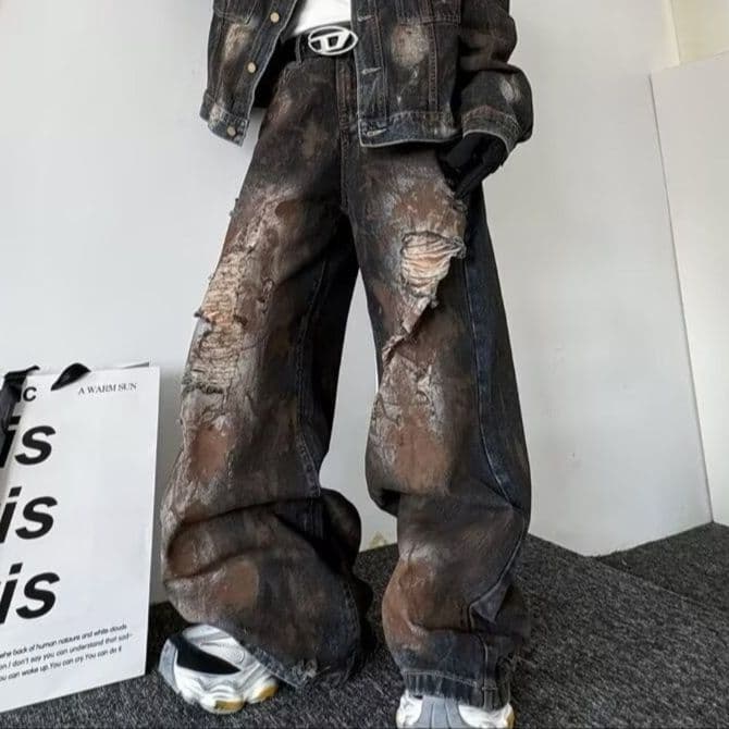 ダークデニムセットアップ ダメージ加工ジャケット+ワイドパンツ メンズ向け ゆったりアメカジ系コーデセット