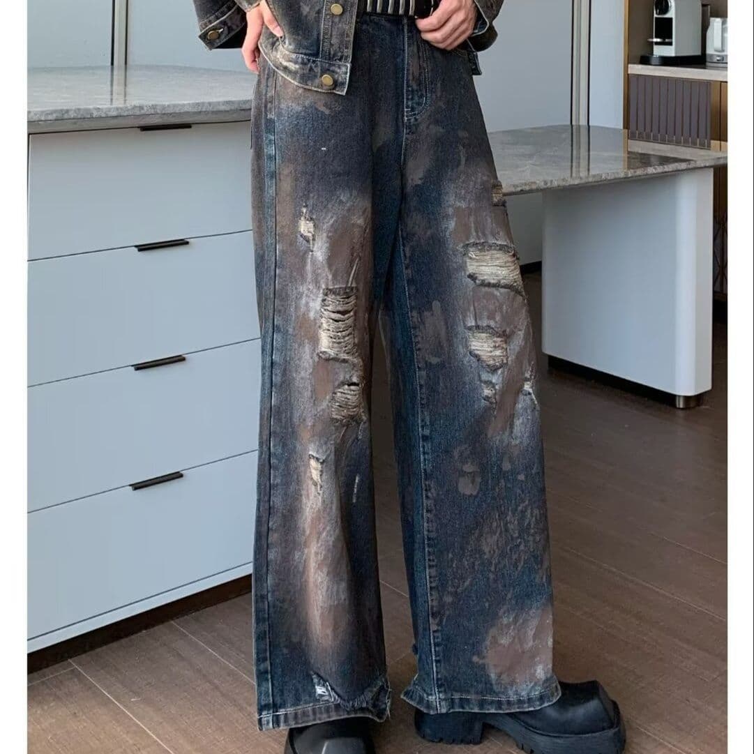デニムセットアップ ペイント加工ジャケット+ワイドパンツ メンズ向け 古着風ルーズフィット2点セット
