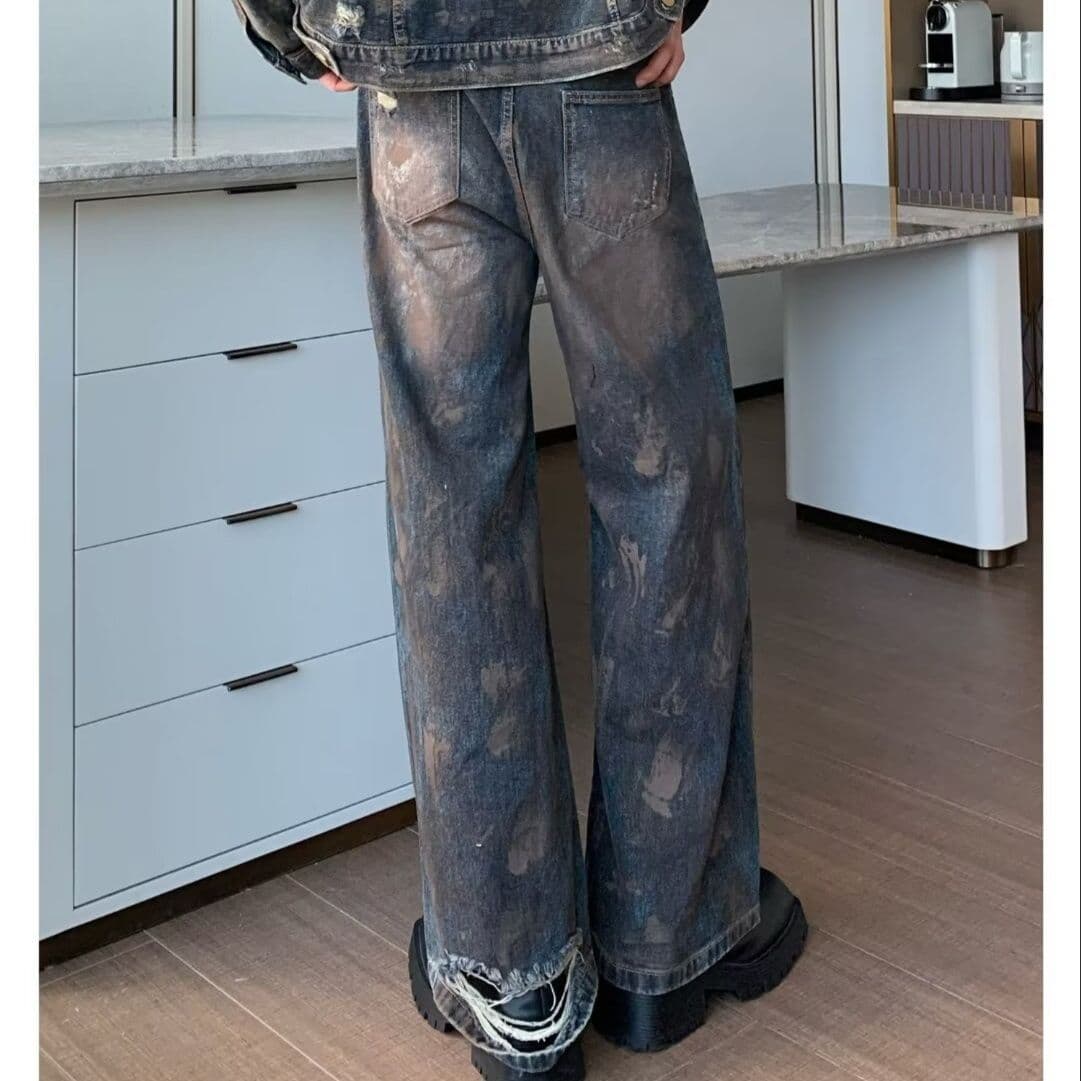 デニムセットアップ ペイント加工ジャケット+ワイドパンツ メンズ向け 古着風ルーズフィット2点セット