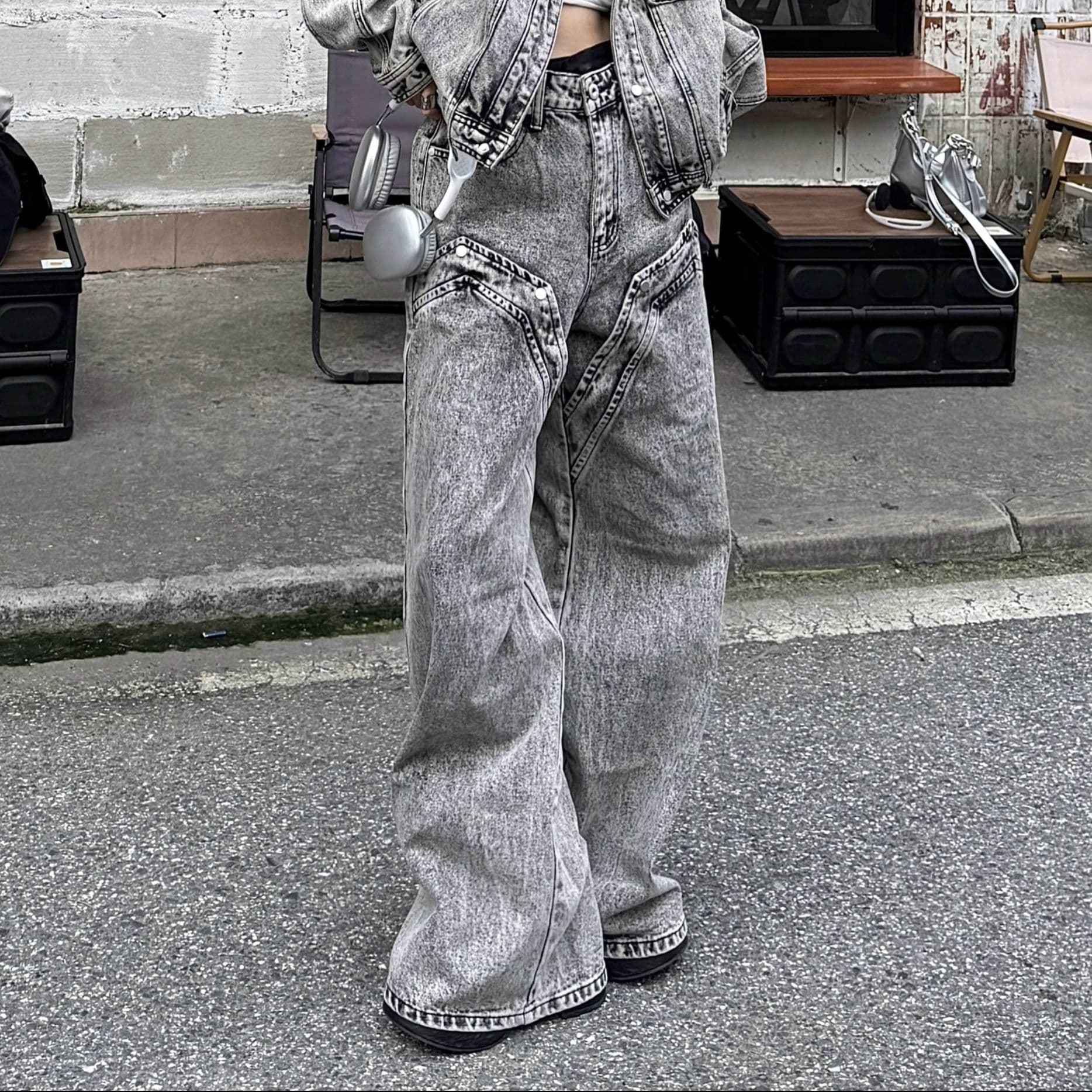 グレーデニムセットアップ オーバーサイズジャケット×ワイドロングパンツ 色落ち加工 こなれストリート系2点セット
