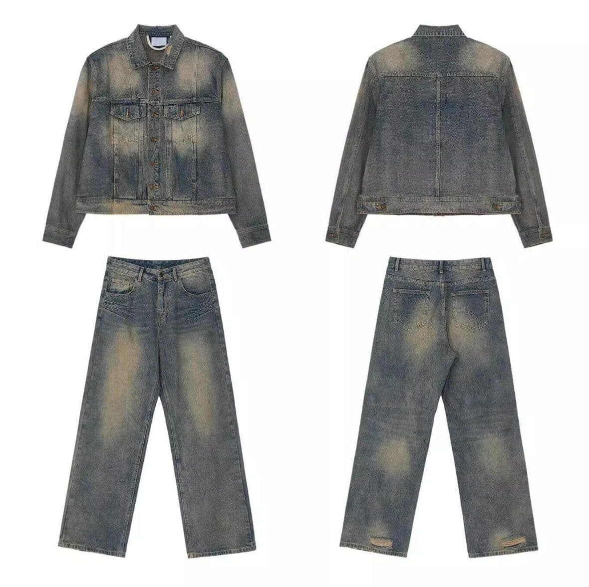 デニムセットアップ ウォッシュ加工ジャケット×ワイドストレートパンツ メンズ向け ヴィンテージ風ルーズフィットセット