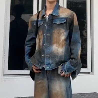 デニムセットアップ ユーズド加工ジャケット&ワイドストレートパンツ メンズ向け ゆったりストリート系2点セット