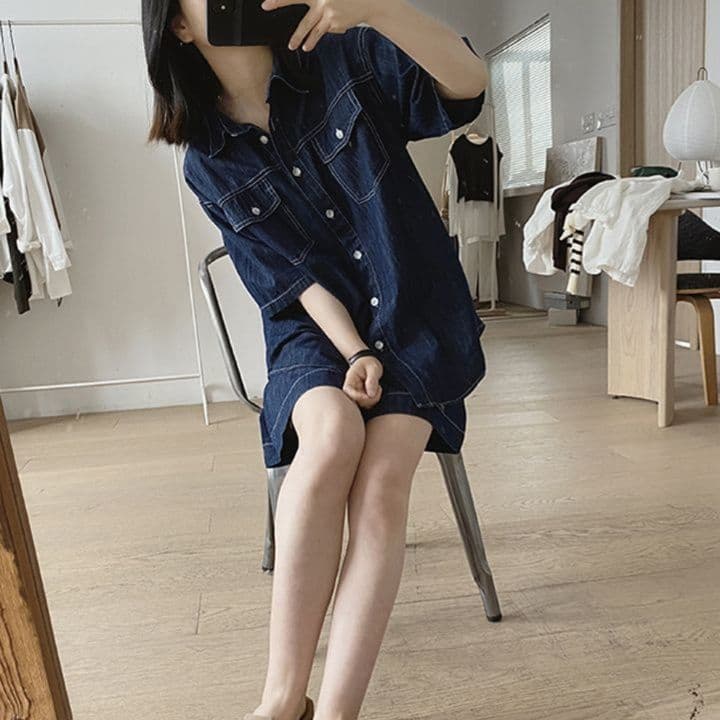 リラックスデニム半袖シャツ×ワイドショートパンツ ゆったり薄手 塩系細見えセットアップ