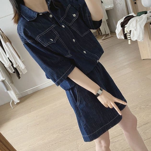 リラックスデニム半袖シャツ×ワイドショートパンツ ゆったり薄手 塩系細見えセットアップ