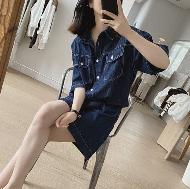 リラックスデニム半袖シャツ×ワイドショートパンツ ゆったり薄手 塩系細見えセットアップ