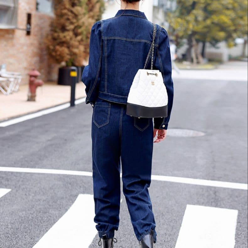デニムセットアップ ステッチショートジャケット×ジョガー風パンツ 細見えワークテイスト 大人カジュアルコーデセット