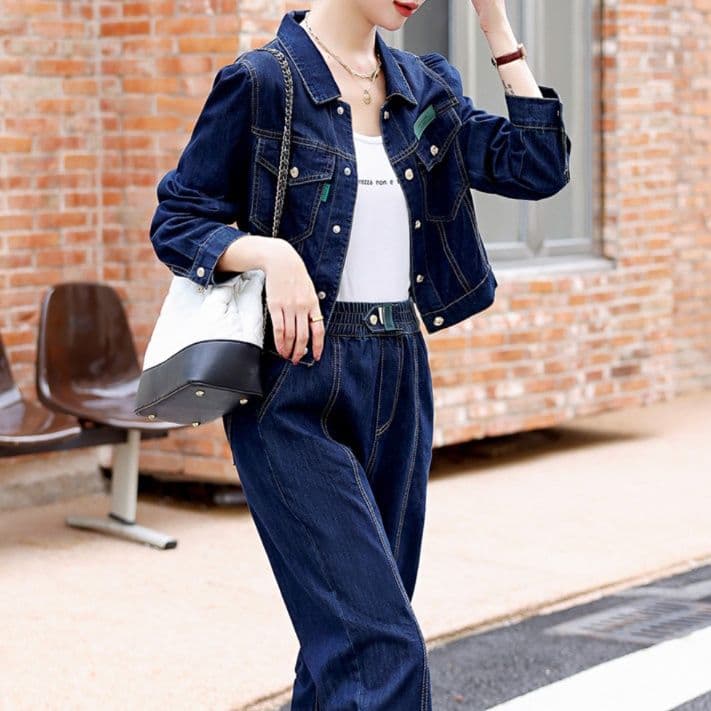デニムセットアップ ステッチショートジャケット×ジョガー風パンツ 細見えワークテイスト 大人カジュアルコーデセット