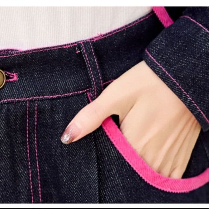 デニムセットアップ 配色切替コンパクトジャケット&ハイウエストワイドパンツ レトロフェミニン 垢抜け2点セット