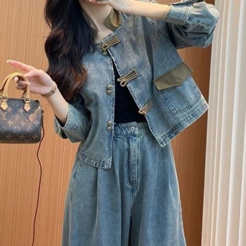 モダンチャイナデニムジャケット&ハイウエストワイドパンツ ゆったり可愛い レトロ抜け感セットアップ