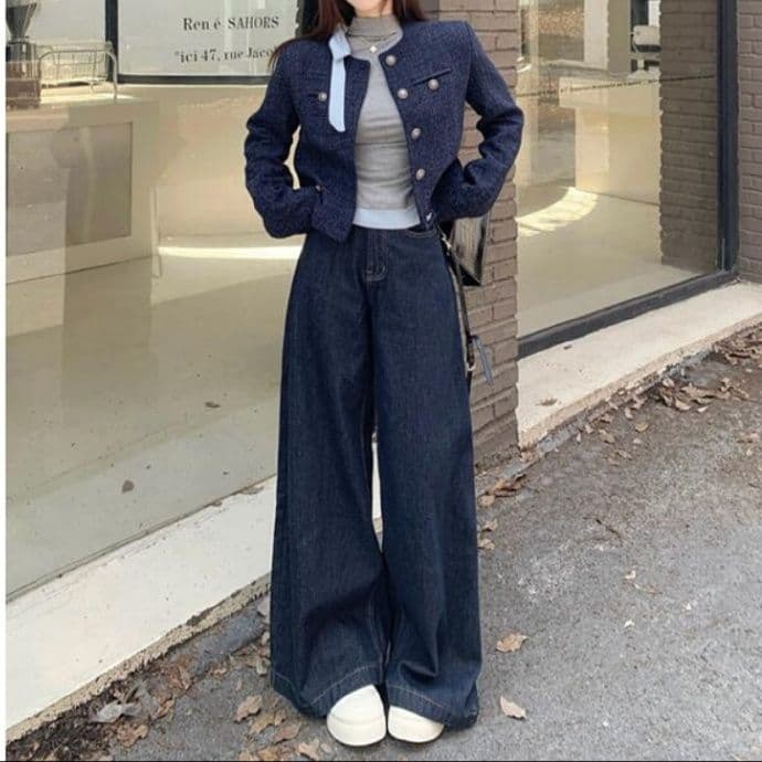 ノーカラーコンパクトデニムジャケット&リボントップス&ワイドパンツ 大きめサイズ◎ 上品細見えセットアップ(3点別売り)