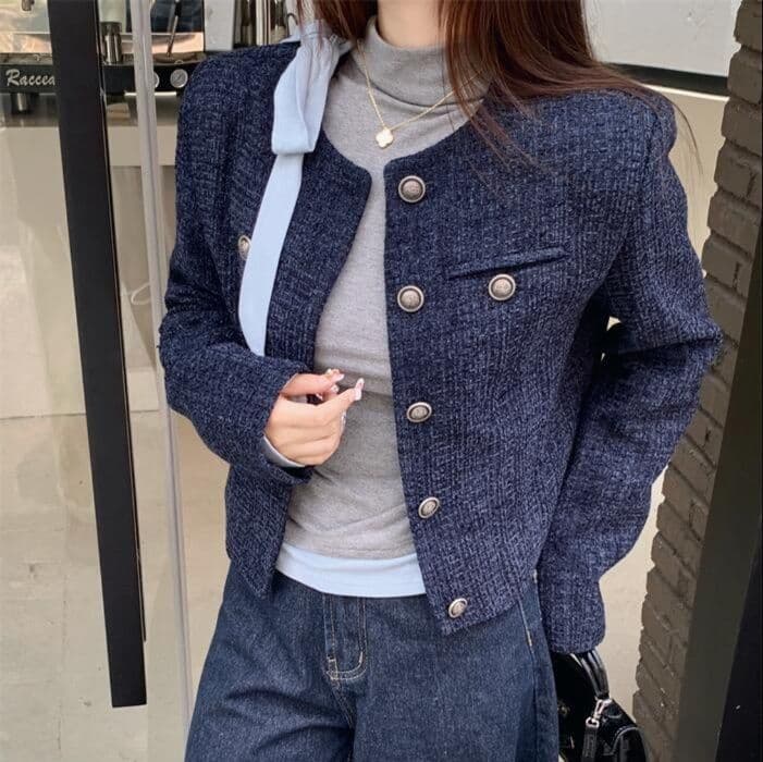ノーカラーコンパクトデニムジャケット&リボントップス&ワイドパンツ 大きめサイズ◎ 上品細見えセットアップ(3点別売り)