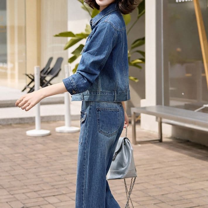 デニムセットアップ 色落ち加工コンパクトジャケット&ストレートパンツ 着回し抜群 細見え大人カジュアル2点セット