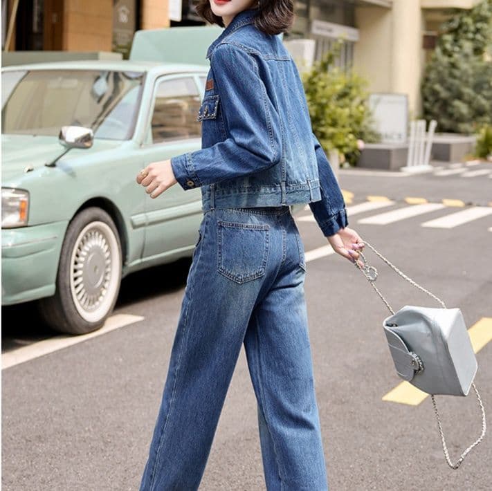 デニムセットアップ 色落ち加工コンパクトジャケット&ストレートパンツ 着回し抜群 細見え大人カジュアル2点セット