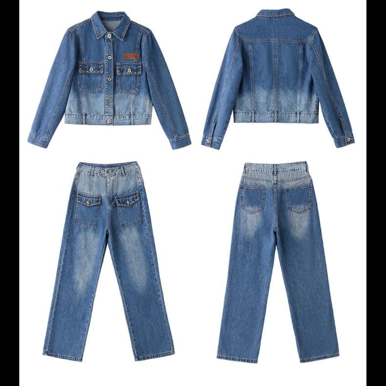 デニムセットアップ 色落ち加工コンパクトジャケット&ストレートパンツ 着回し抜群 細見え大人カジュアル2点セット