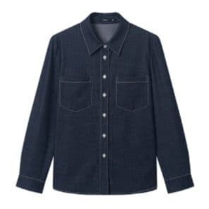ダークデニムセットアップ クラシカル長袖シャツ&プリーツロングスカート きれいめフェミニンツーピースセット