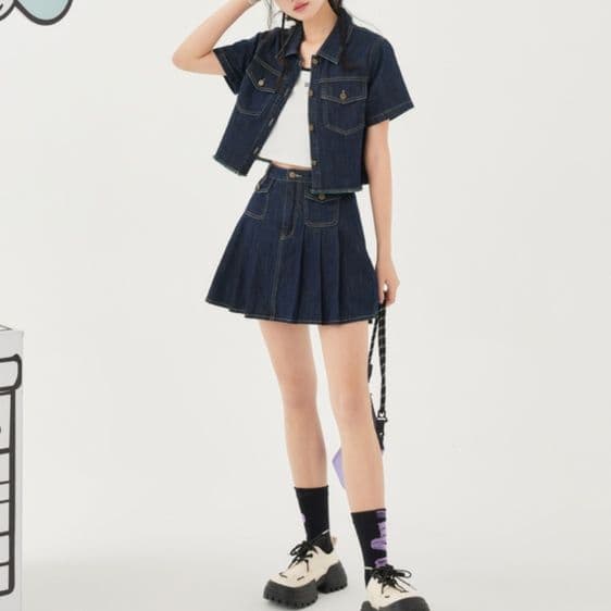 デニムセットアップ カットオフ半袖ジャケット&プリーツミニスカート ガーリーカジュアル2点セット