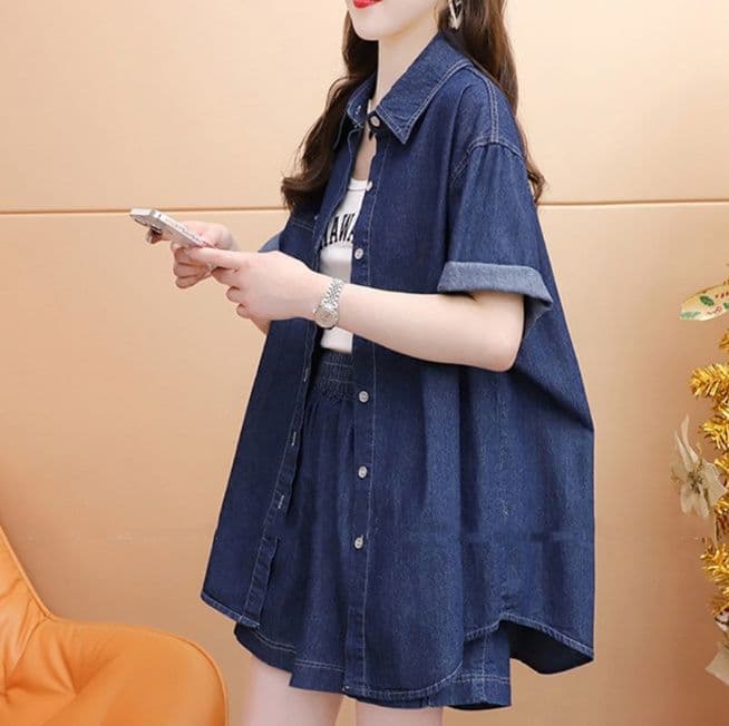 デニムセットアップ 甘辛ミックス 韓国風半袖シャツとショートパンツの夏用二点セット