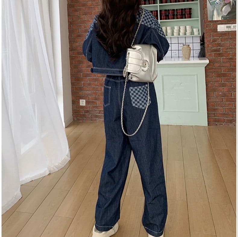 ダークデニムセットアップ チェック切替ジャケット&ストレートパンツ ゆる可愛い アメカジ上下セット