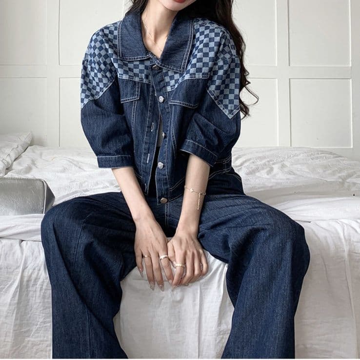 ダークデニムセットアップ チェック切替ジャケット&ストレートパンツ ゆる可愛い アメカジ上下セット
