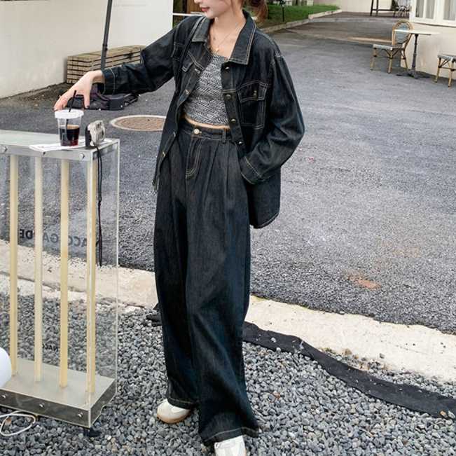 デニムセットアップ ゆったりダークデニムシャツ&ハイウエストワイドパンツ 大人華奢見え ゆるカジ2点セット
