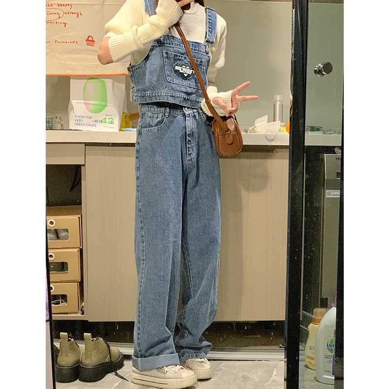サロペ風デニムビスチェ・ワイドストレートパンツ ゆったり可愛い レトロカジュアルセットアップ