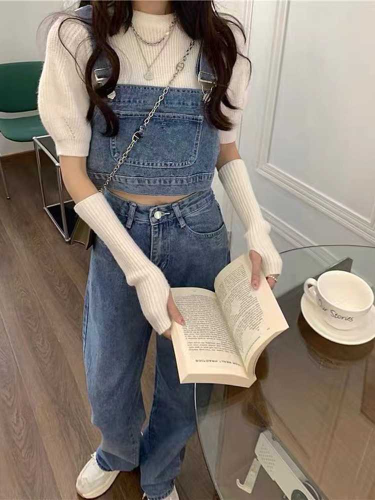 デニムセットアップ サロペ風ビスチェ・ハイウエストストレートパンツ ゆるかわこなれ感2点セット