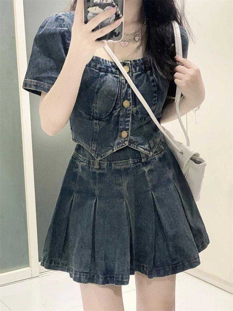 半袖ショートデニムトップス&プリーツミニスカート 華奢見えガーリーセットアップ
