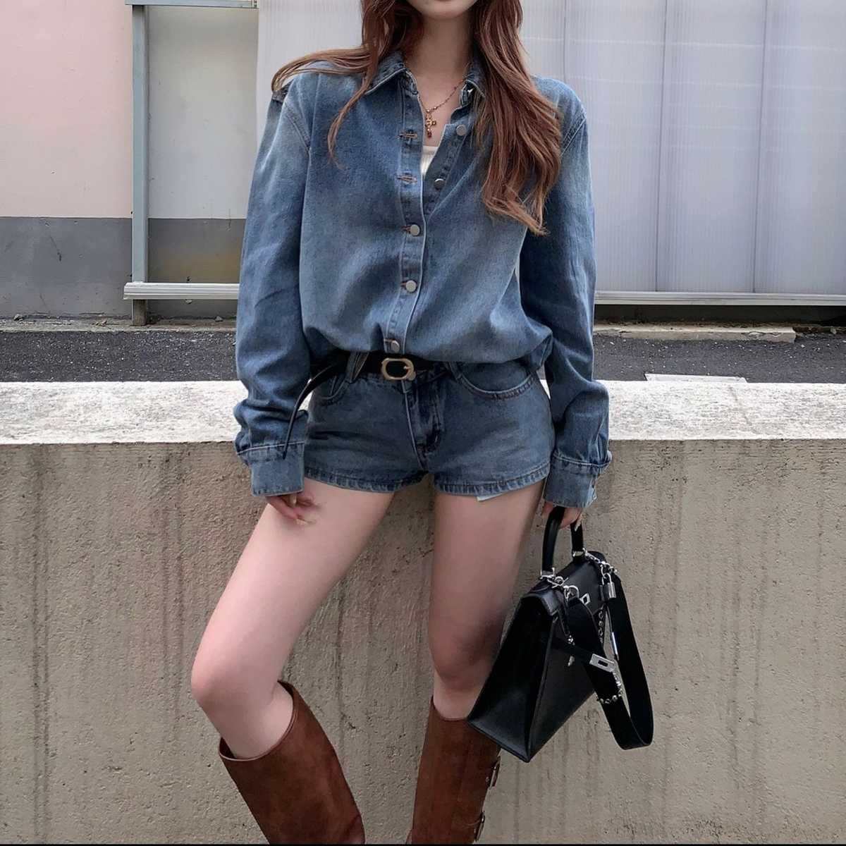 デニムセットアップ ゆったり長袖シャツ×ショートパンツ カジュアル色落ち 抜け感上下セット