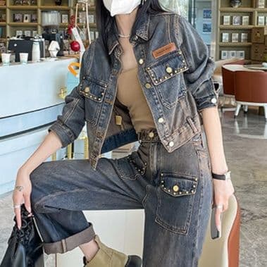 デニムセットアップ ヴィンテージ風ショートジャケット×ストレートワイドパンツ 欧風垢抜け 大人カジュアル2点セット